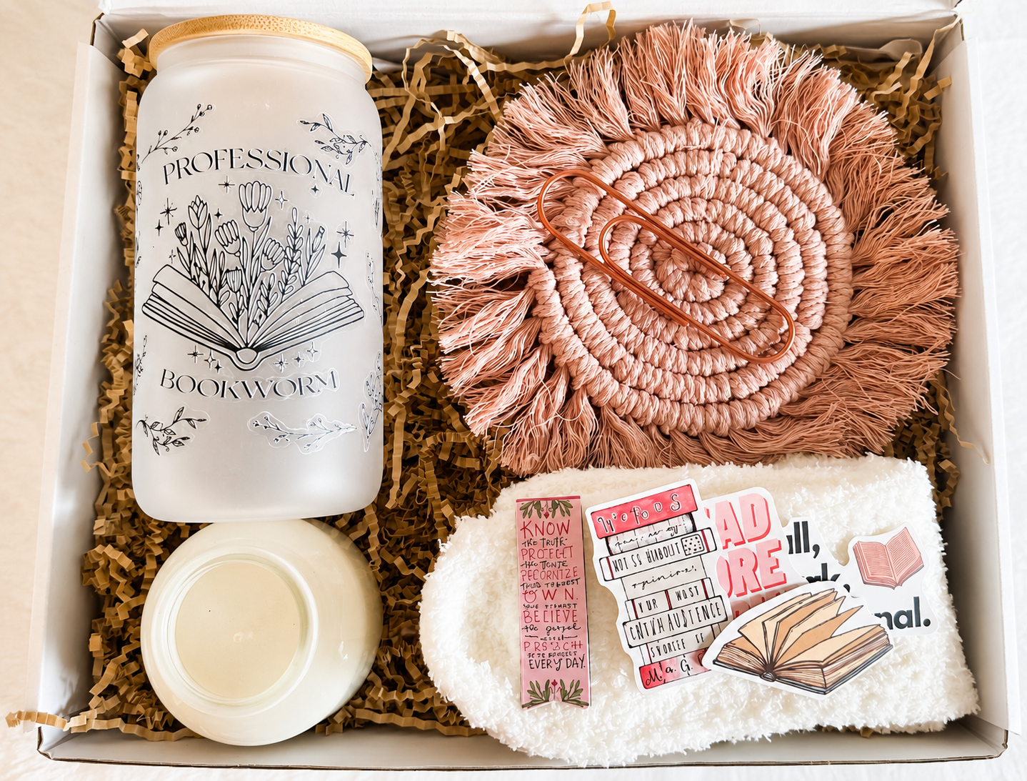 Reader Gift Box – Bookworm Cup, Candle, Socks, Stickers & Cute Bookish Set