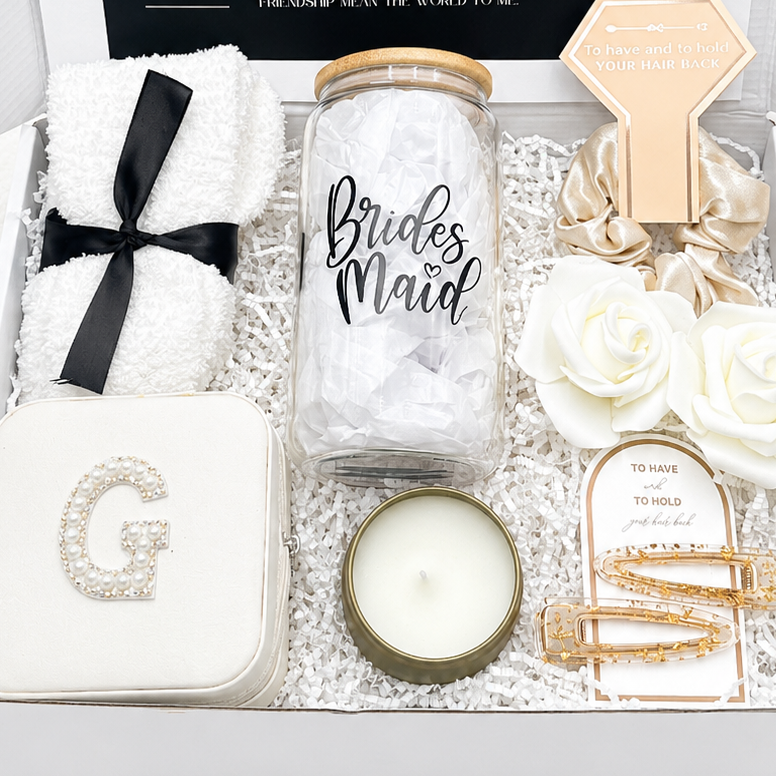Bridal Party Gift Box Bridesmaid Proposal Set Custom Initial Jewelry Case Travel Storage Candle Relaxation Package Hair Tie Clips Accessories Will You Be My Bridesmaid Ask Wedding Day Essentials Personalized Thoughtful Collection Complete
