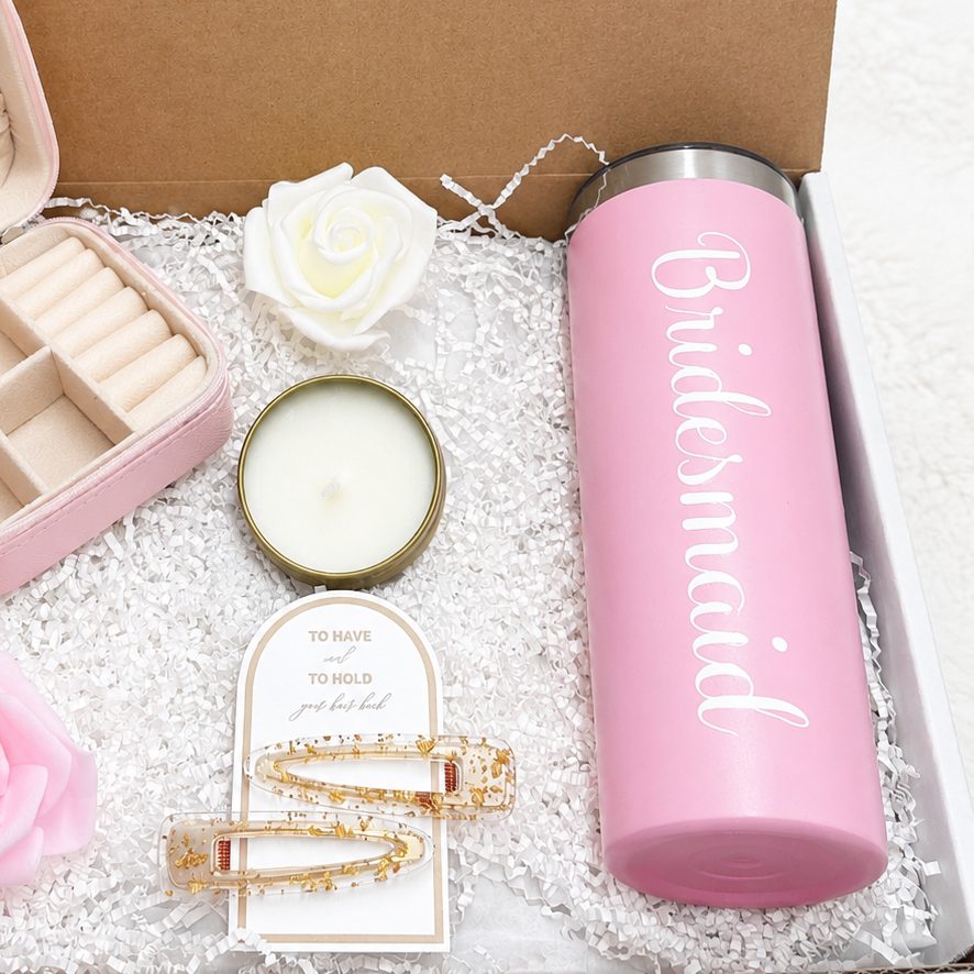 Wedding Party Gift Box Bridesmaid Thank You Set Curated Collection Complete Package Jewelry Travel Case Tumbler Candle Hair Clips Four Piece Gift Set Bridal Party Appreciation Present Elegant Luxury Collection Bridesmaid Proposal Package