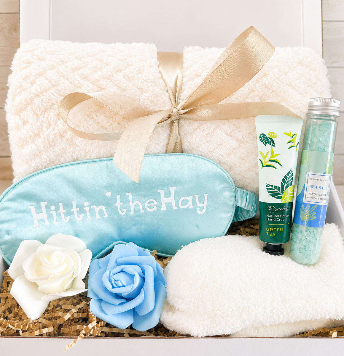Relaxation Gift Box Complete Sleep Spa Essentials Collection Cozy Blanket Soft Eye Mask Fuzzy Socks Luxury Hand Cream Bath Salts Faux Flowers Beautiful Presentation Perfect Self Care Package Stress Relief Wellness Set Pamper Night Home Spa