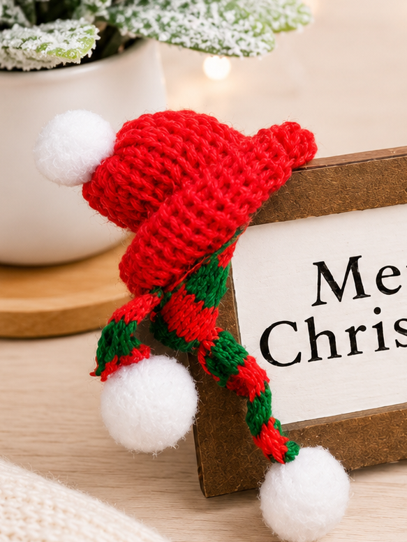 "Merry Christmas" Mini Wood Sign with Pompom Beanie