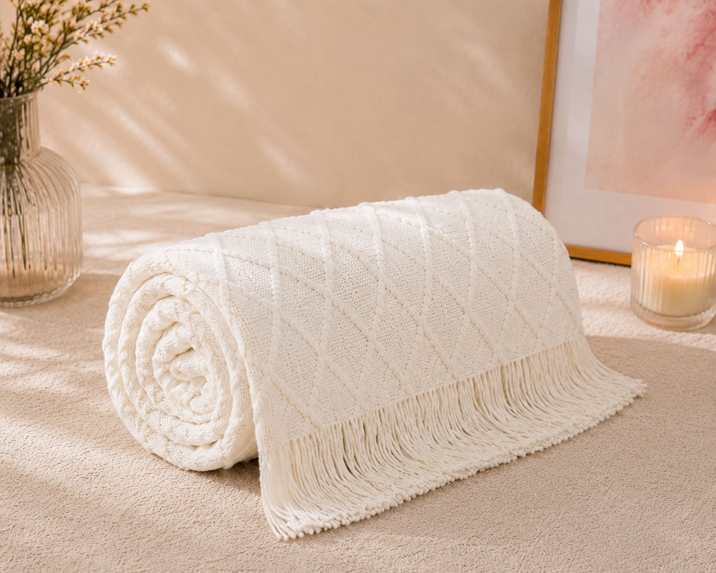 White Knit Blanket 50x60” – Soft Cozy Throw for Home & Gift Giving