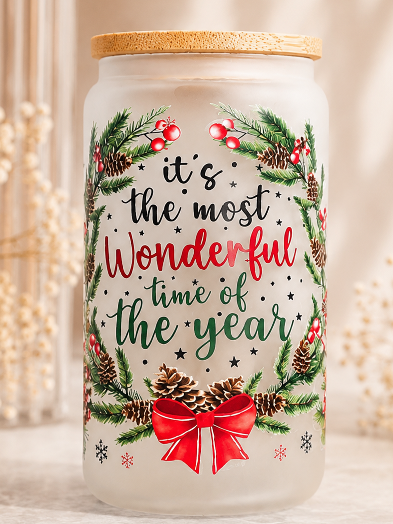 "It's the Most Wonderful Time of the Year" Christmas 16 oz Glass Cup