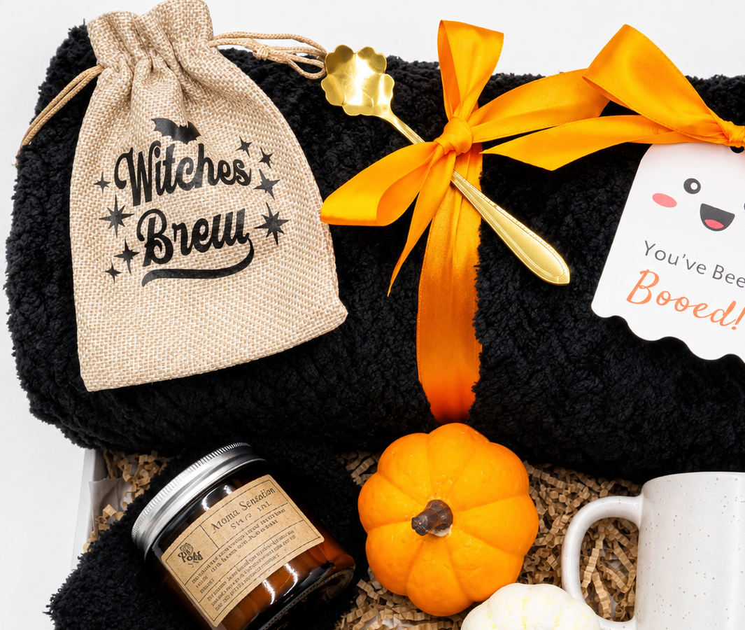 Halloween Celebration Package Gift Box Set Cozy Black Blanket Mug Candle Bundle Witches Brew Beverage Gold Spoon Faux Pumpkins Boo Decal Complete Festive Collection Perfect Friend Gift Seasonal Present Autumn Comfort Package Halloween