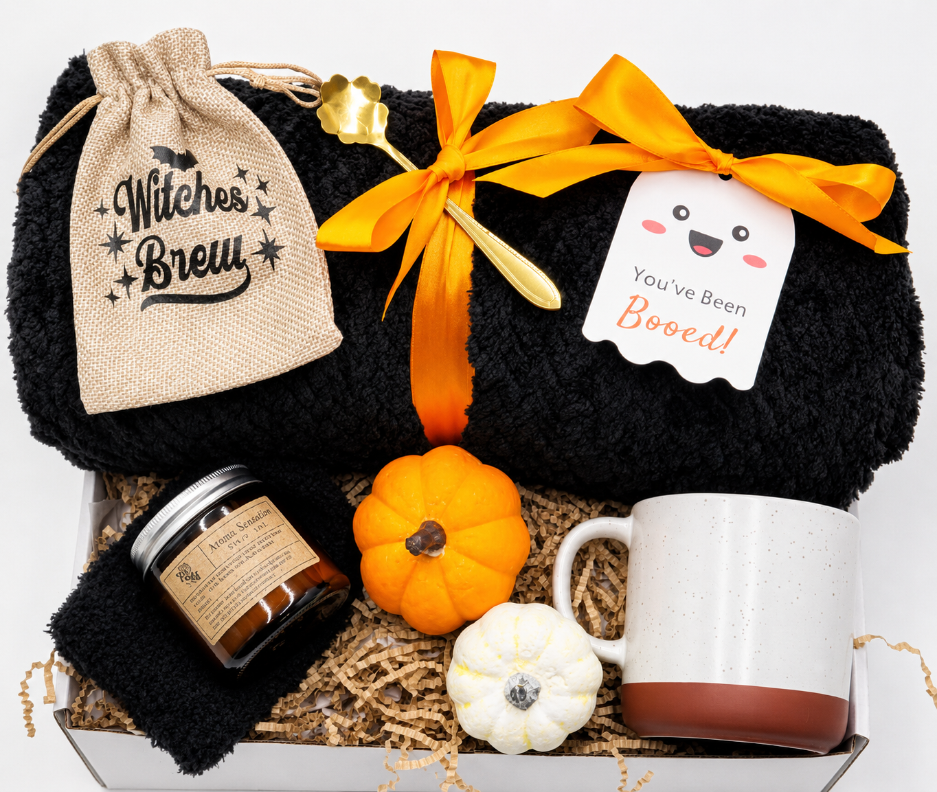 Halloween Gift Box Cozy Bundle Set For Friend Black Blanket Mug Candle Collection Witches Brew Beverage Gold Spoon Faux Pumpkins Boo Decal Perfect Seasonal Present Autumn Celebration Package Festive Accessories Complete Gift Set Friend