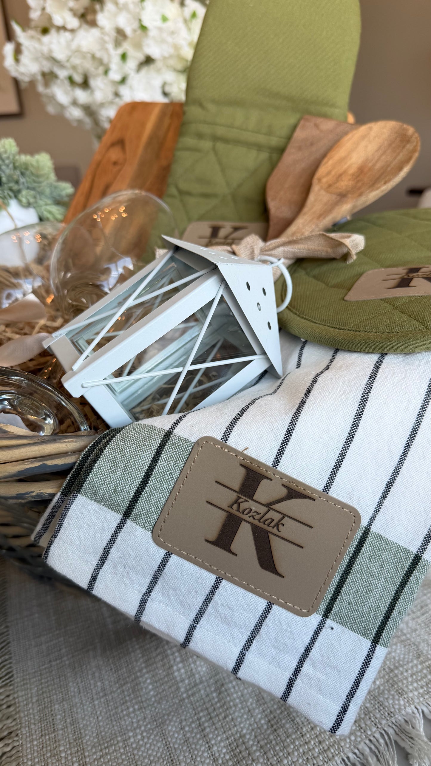 Personalized Kitchen Gift Basket for Housewarming, Wedding & Engagement | Custom Engraved Leather Patch Set with Wine Glasses, Cutting Board, Oven Mitts, Pot Holder & Kitchen Towel