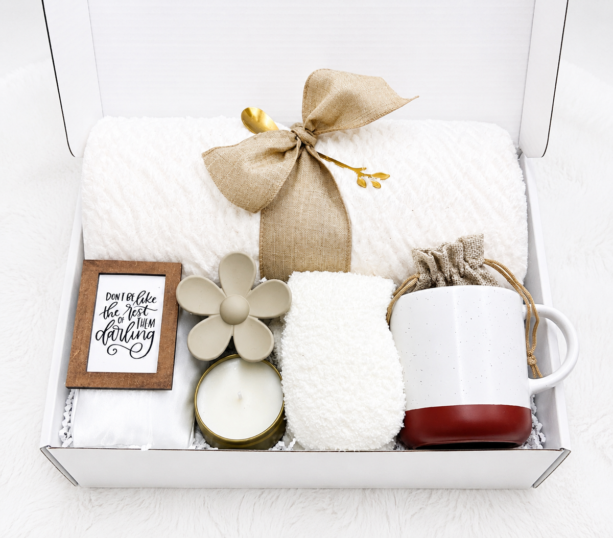 Self Care Gift Box Complete Relaxation Package Cozy Comfort Set Soft Blanket Fuzzy Socks Scented Candle Relaxing Eye Mask Gold Spoon Wood Sign Perfect Present Idea Thoughtful Gift Collection Stress Relief Essential Wellness Package Premium