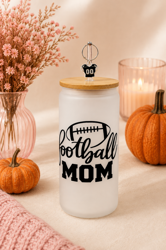 Football Mom 16 oz Glass Tumbler with Straw and Football Charm