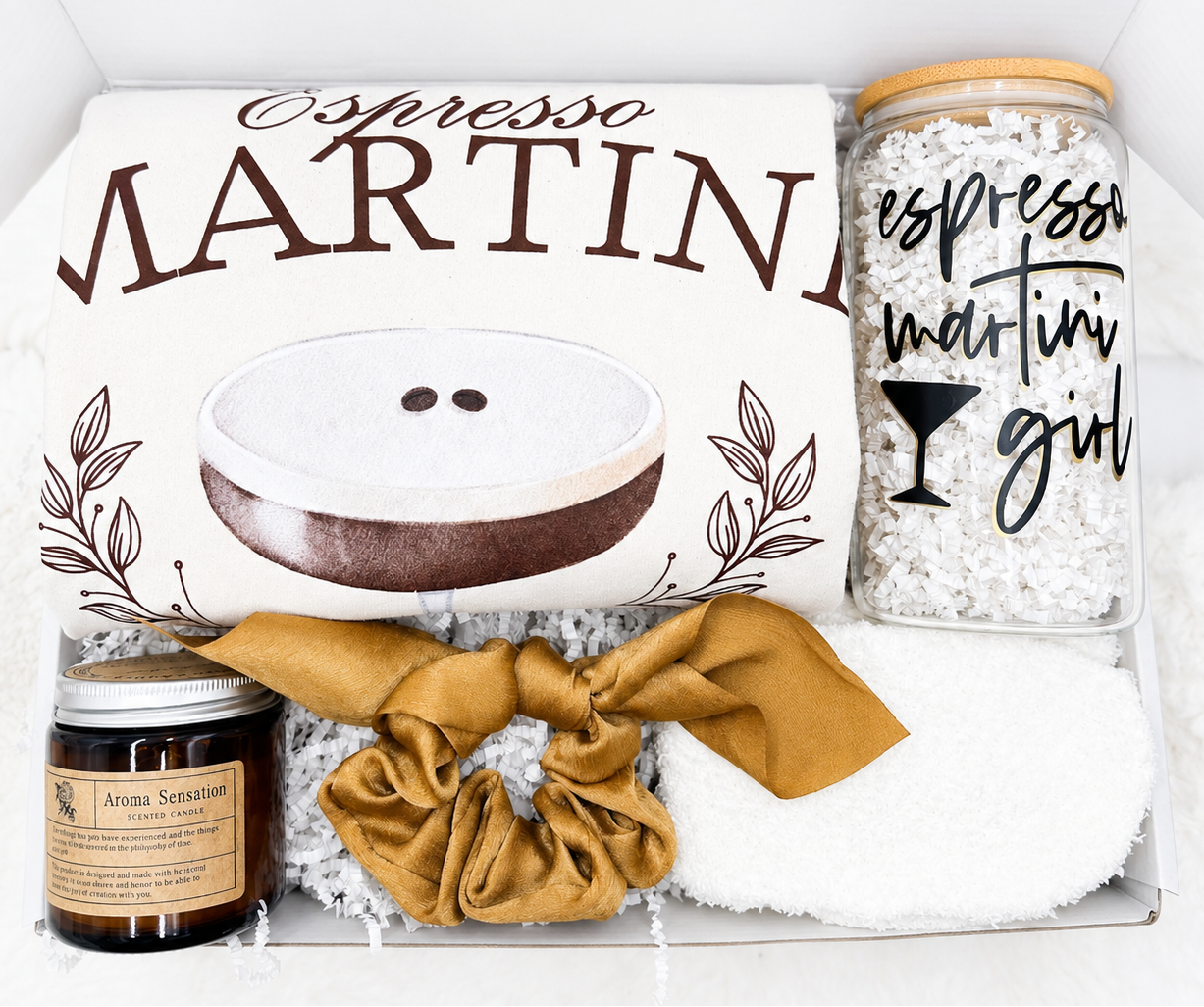 Espresso Martini Gift Box Complete Set Cocktail Lover Bundle Includes Tshirt Cup 16 Oz Candle Fuzzy Socks Hair Tie Relaxation Package Perfect Gift Ready To Give Coffee Cocktail Theme Home Comfort Essentials Cozy Lifestyle Collection Unique