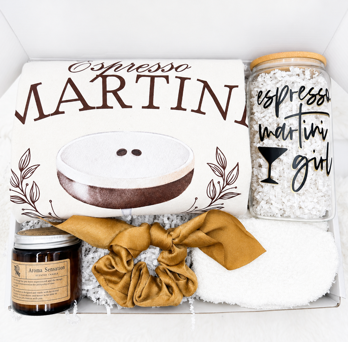 Espresso Martini Gift Box Complete Set Cocktail Lover Bundle Includes Tshirt Cup 16 Oz Candle Fuzzy Socks Hair Tie Relaxation Package Perfect Gift Ready To Give Coffee Cocktail Theme Home Comfort Essentials Cozy Lifestyle Collection Unique