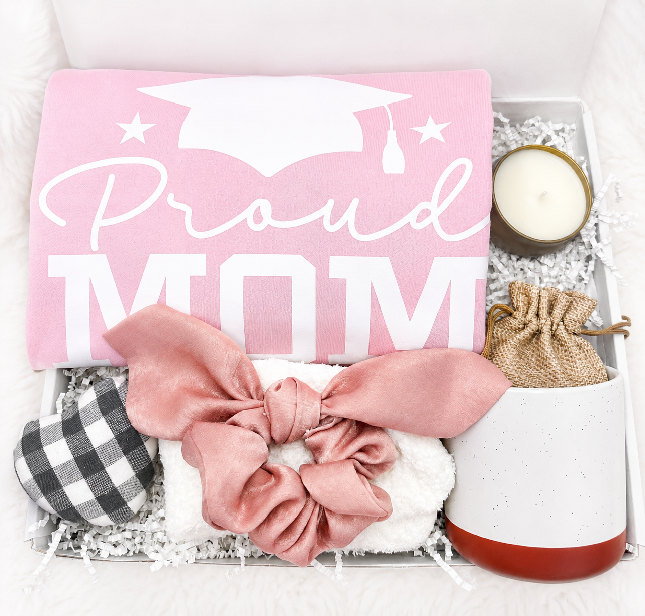 Graduation Mom Gift Box Proud Mom Collection Celebration Set Pink Tshirt Matching Mug Cozy Fuzzy Socks Complete Package Special Milestone Commemoration Thoughtful Appreciation Gift Perfect Present For Mothers Graduate Achievement