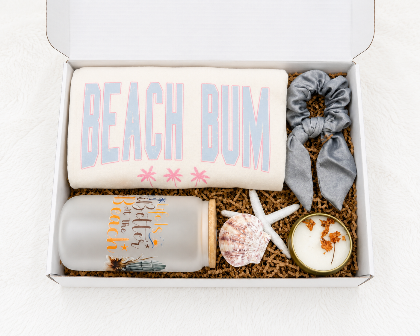 Beach Gift Box – Coastal Relaxation Set with Tshirt Candle & Seashells