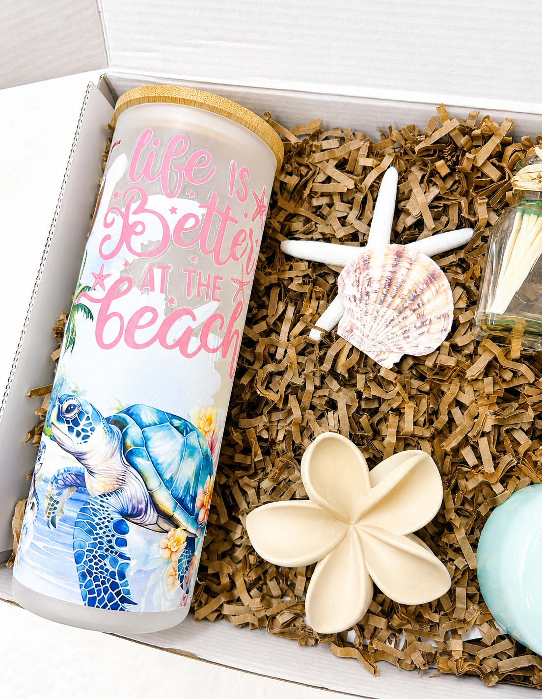Coastal Spa Gift Set Beach Themed Collection Turtle Tumbler Design Frosted Drinkware Bath Salts Relaxation Package Flower Hair Clip Accessories Candle Seashells Included Perfect Ocean Lover Gift Beach Day Essentials Summer Vacation Present