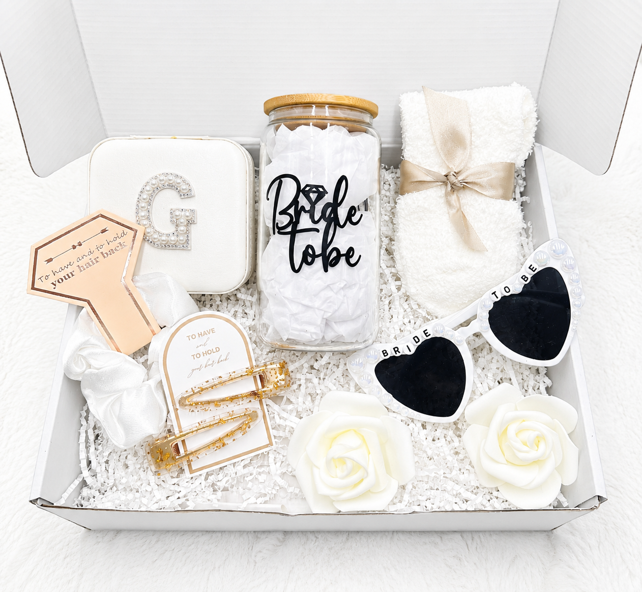 Bride Gift Box Curated Engagement Present Perfect Bridal Shower Collection Custom Initial Jewelry Travel Case Personalized Storage Glass Tumbler Sixteen Ounce Capacity Cozy Fuzzy Socks Included Wedding Planning Essentials Bundle