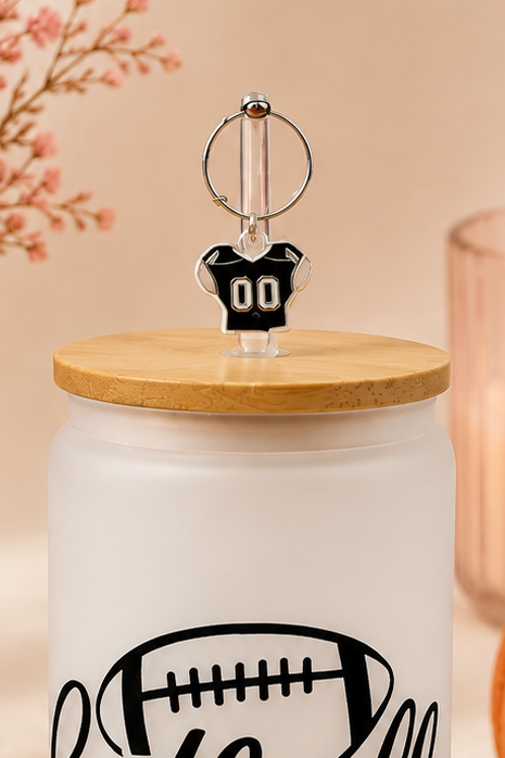 Football Mom 16 oz Glass Tumbler with Straw and Football Charm