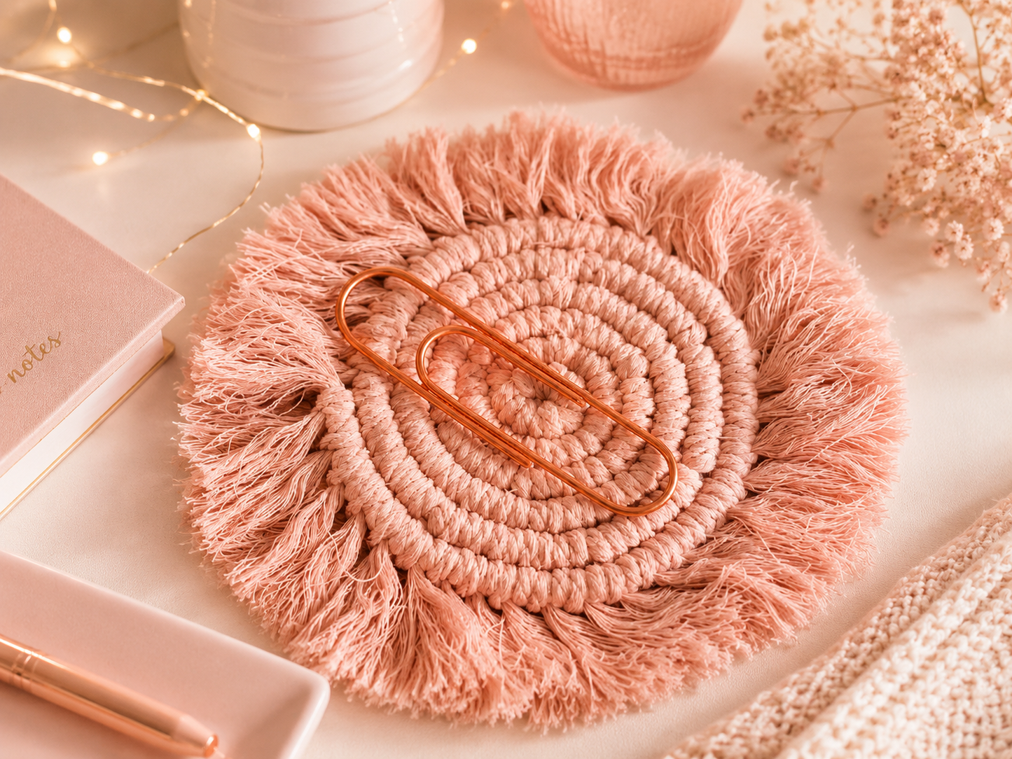 Boho Woven Pink Coaster – Aesthetic Table Decor