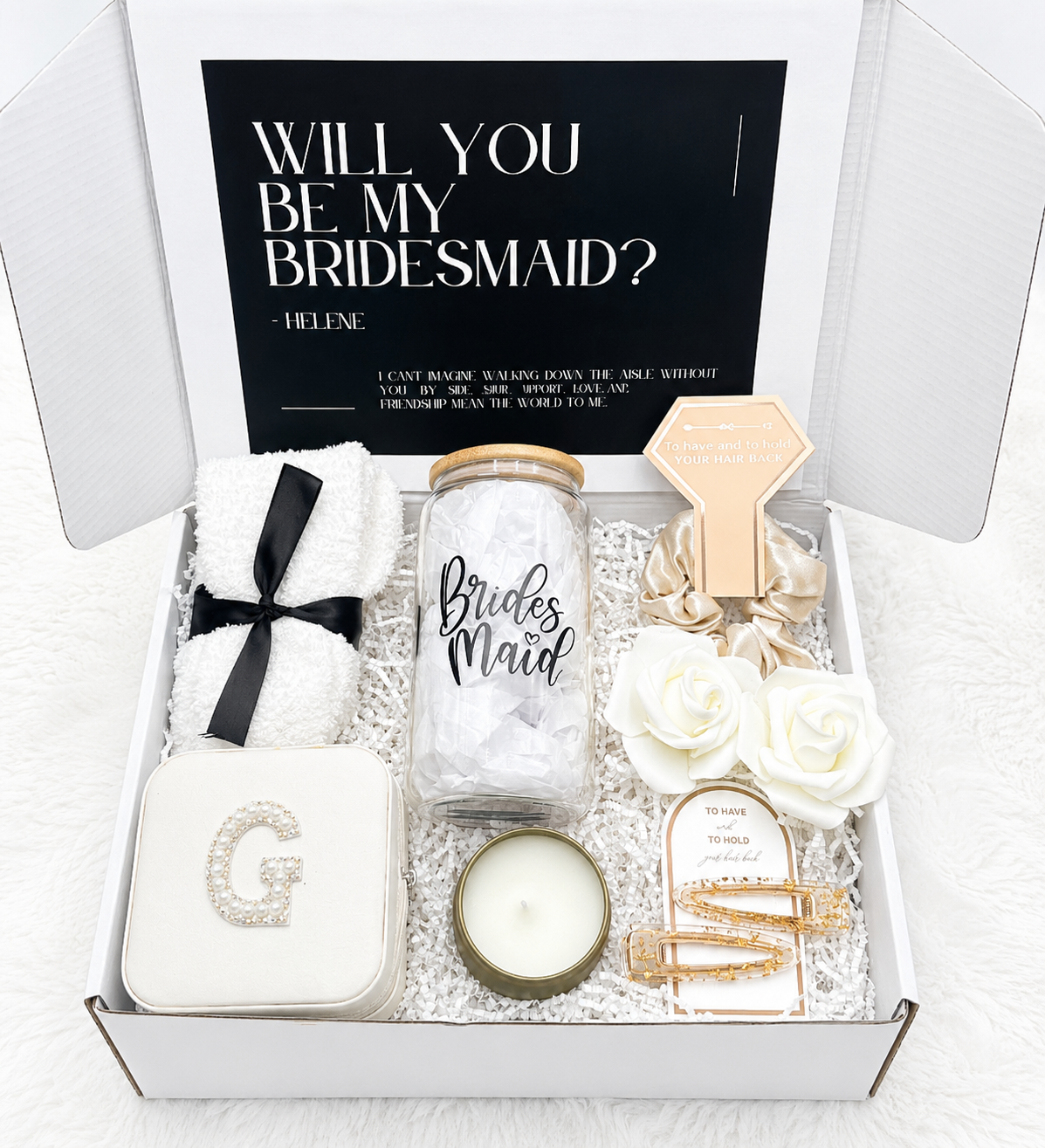 Bridesmaid Proposal Gift Box Custom Jewelry Case Personalized Initial Travel Storage Relaxing Candle Included Hair Tie Accessories Clips Set Will You Be My Bridesmaid Ask Bridal Party Gift Collection Wedding Day Essentials Thoughtful