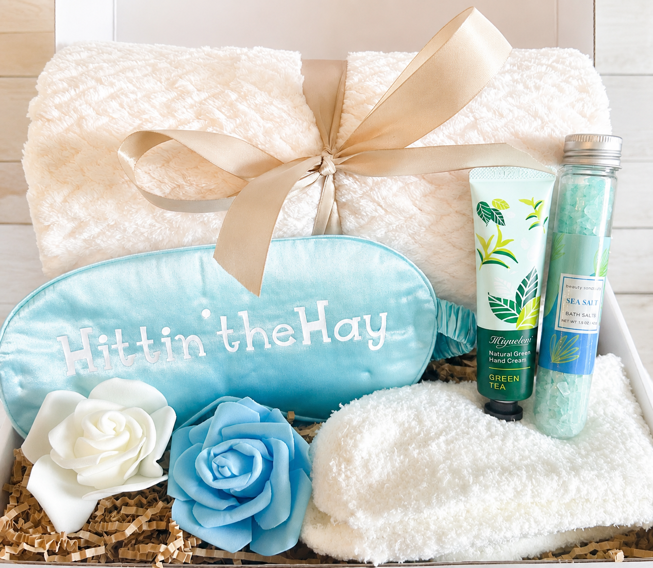 Sleep Essentials Gift Box Cozy Blanket Collection Relaxation Package Complete Spa Set Soft Eye Mask Fuzzy Socks Luxury Hand Cream Bath Salts Beautiful Faux Flowers Self Care Wellness Kit Perfect Stress Relief Pamper Night Home Spa