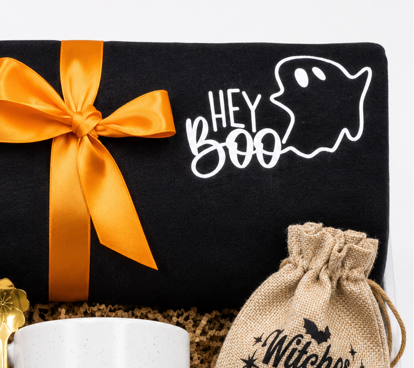 Spooky Care Package Halloween Gift Collection Complete Bundle For Friends Cozy Comfort Items Set Ghost Sweatshirt Fuzzy Socks Candle Ornament Gold Spoon Festive Mug Included Perfect Halloween Surprise Present Seasonal Celebration Gift Box