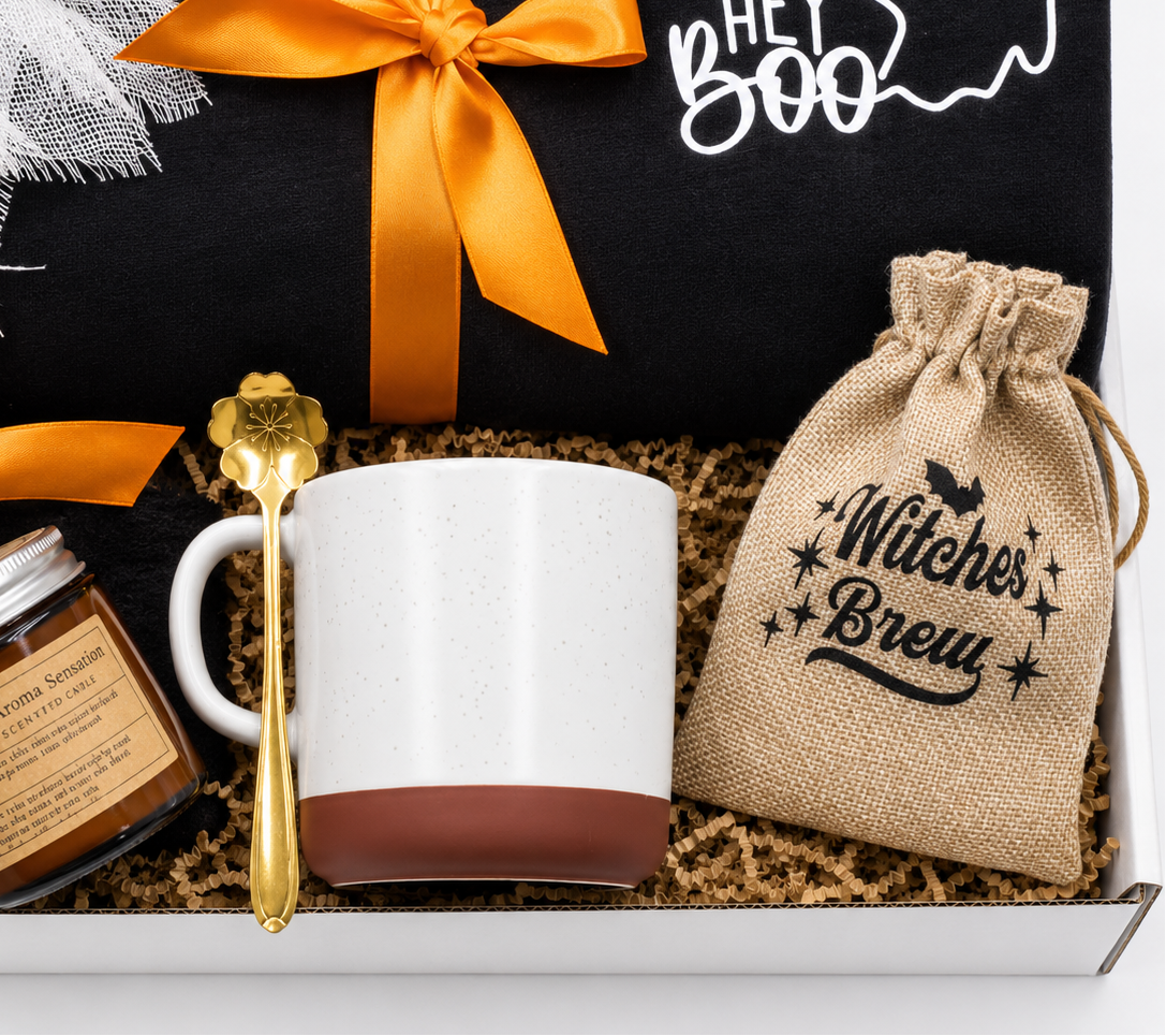 Halloween Celebration Gift Box Complete Spooky Bundle Ghost Sweatshirt Care Package For Friends Festive Mug Candle Fuzzy Socks Gold Spoon Ornament Included Perfect Seasonal Present Hey Boo Ghost Theme Collection Cozy Halloween Surprise Gift