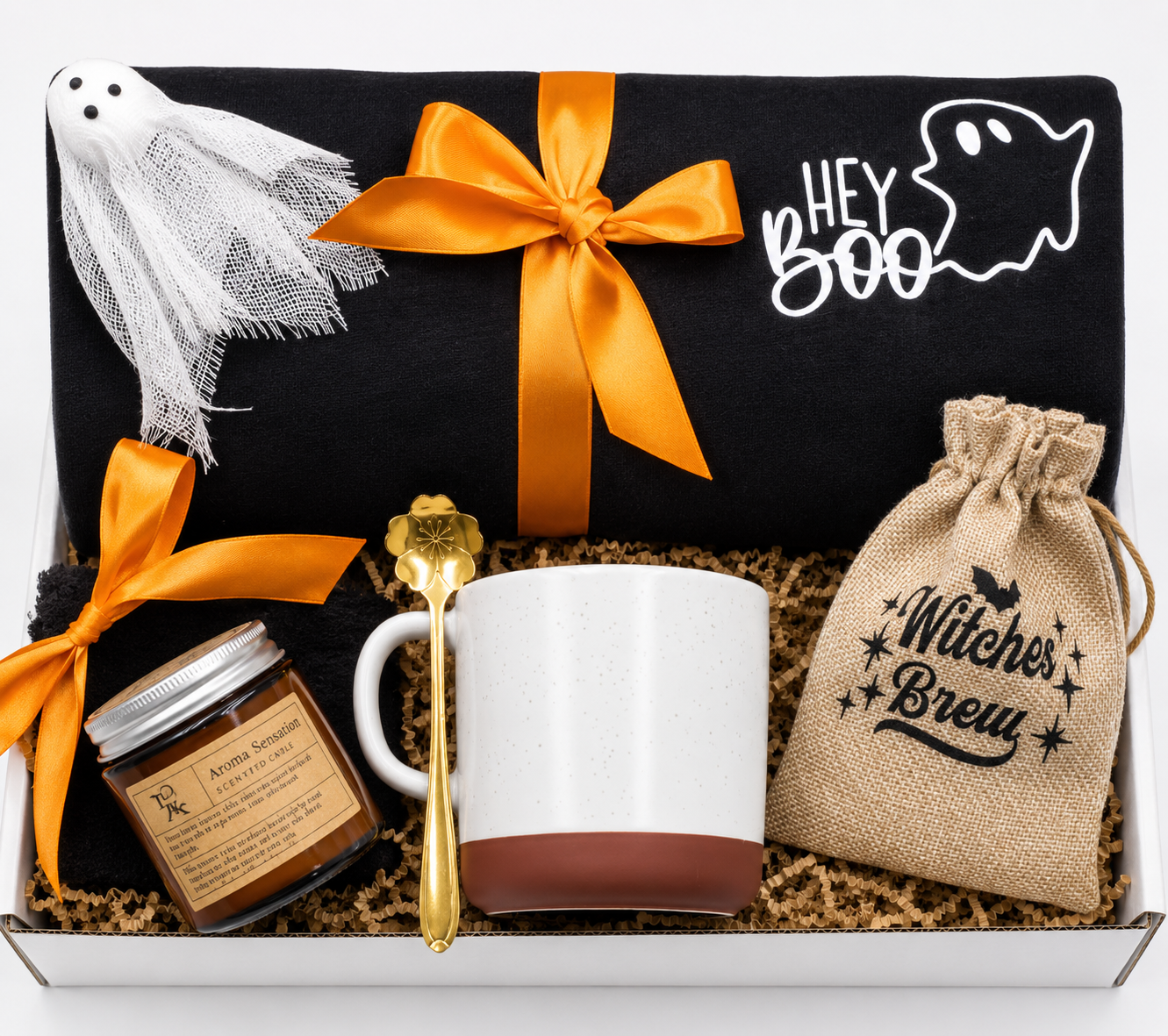 Halloween Gift Box Bundle Complete Care Package For Friends Spooky Surprise Collection Ghost Sweatshirt Ornament Candle Fuzzy Socks Gold Spoon Festive Mug Included Perfect Seasonal Present Halloween Celebration Gift Set Cozy Comfort Items