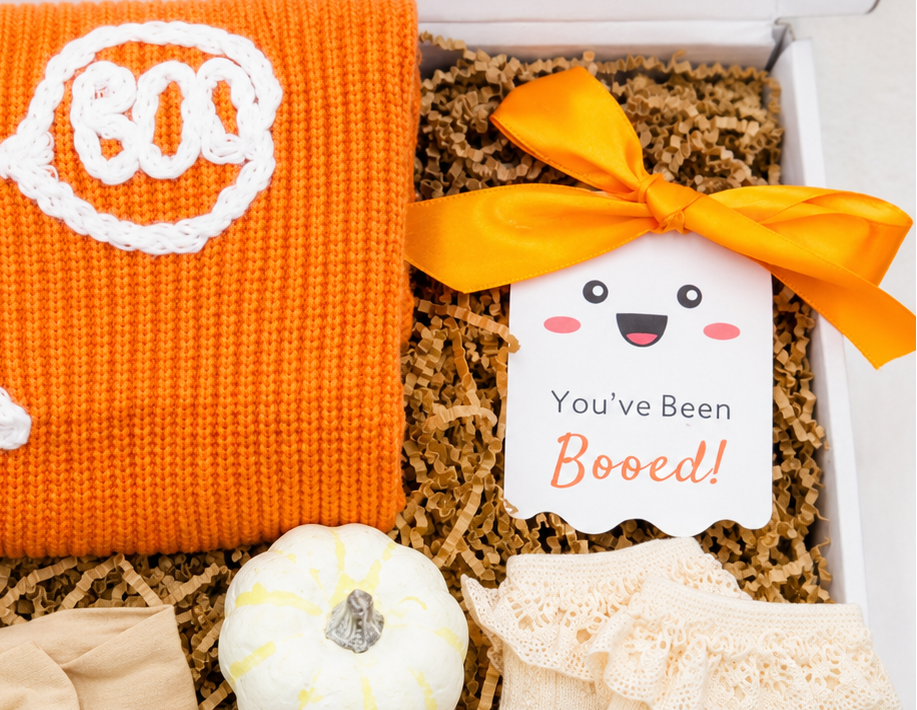 Halloween Baby Bundle Complete Gift Box Set First Halloween Outfit Collection Orange Ghost Sweater Hey Boo Design Fall Headband Matching Socks Faux Pumpkins Package Perfect Newborn Seasonal Wardrobe Photo Shoot Ready Fall Festival Essential
