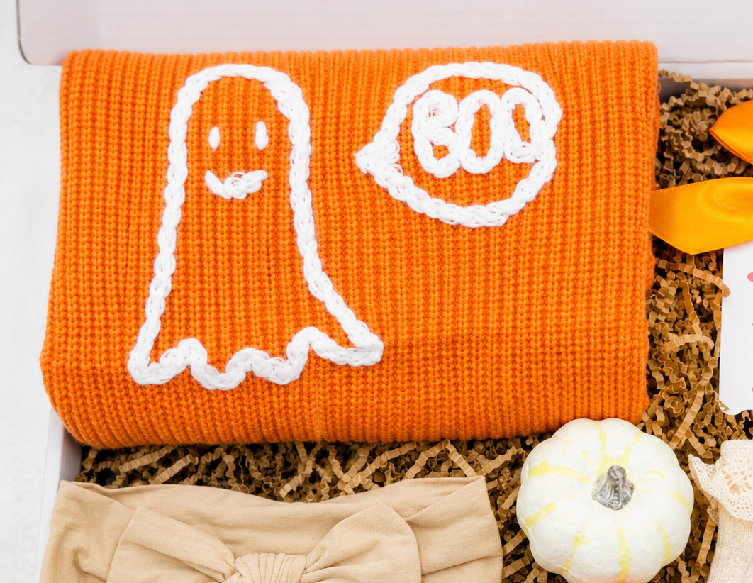 First Halloween Outfit Set Baby Gift Box Complete Halloween Bundle Orange Ghost Sweater Design Fall Color Accessories Headband Socks Collection Faux Pumpkin Package Perfect Newborn Celebration Ready Seasonal Baby Clothing Fall Photo Shoot