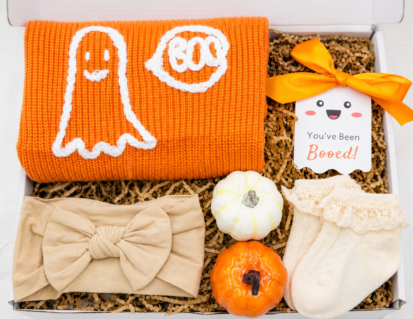 Baby Halloween Gift Box First Halloween Outfit Set Complete Bundle Package Orange Ghost Sweater Hey Boo Design Fall Color Headband Matching Socks Faux Pumpkins Perfect Newborn Halloween Celebration Photo Shoot Ready Seasonal Baby Wardrobe