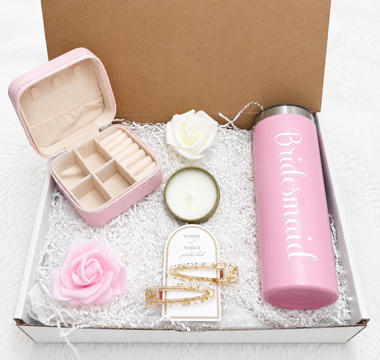 Bridesmaid Gift Box Set Curated Collection Complete Package Tumbler Jewelry Travel Case Candle Hair Clips Four Piece Set Bridal Party Appreciation Gift Wedding Party Thank You Present Elegant Luxury Items Bridesmaid Proposal Box Perfect