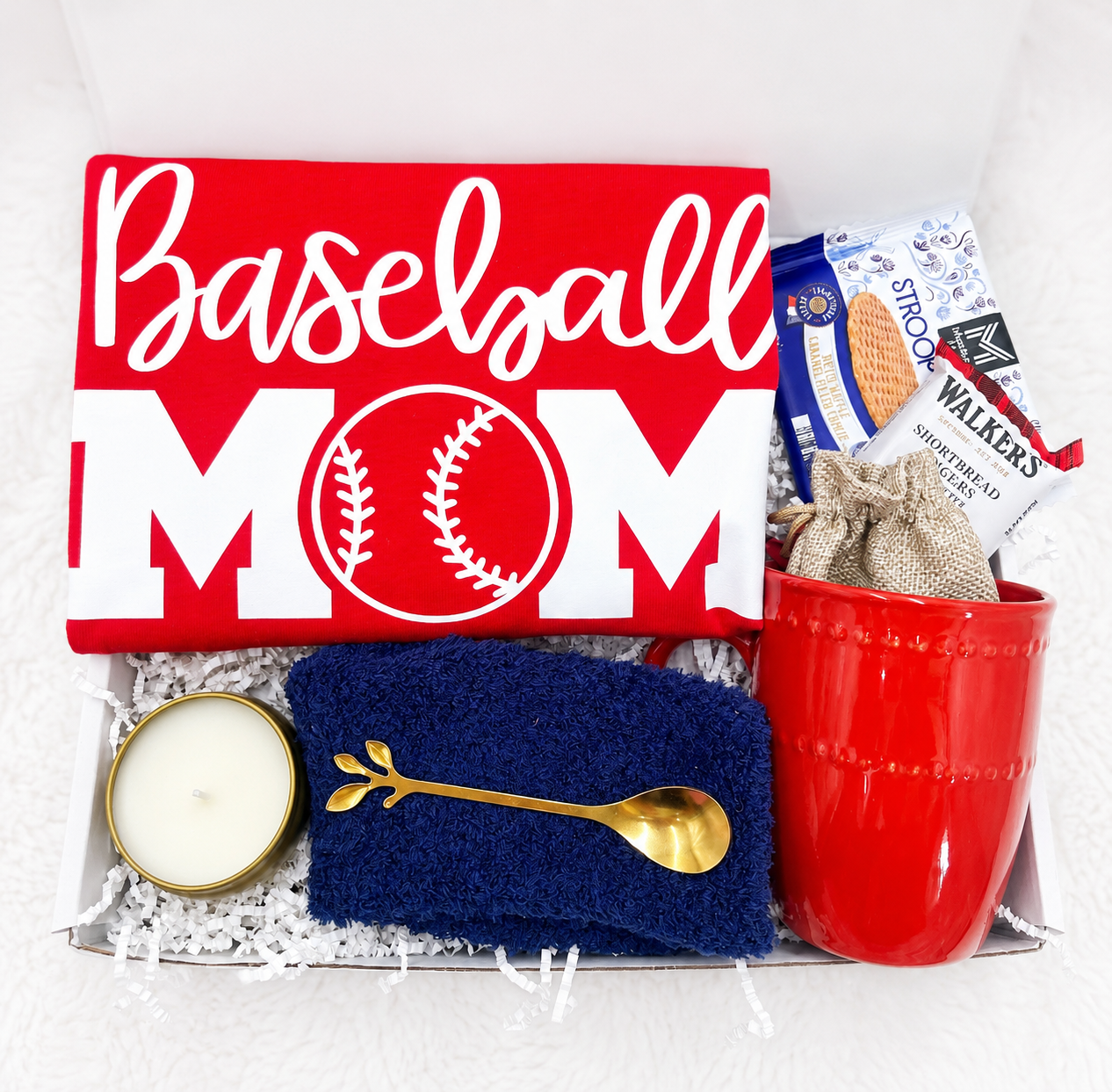 Ultimate Sports Mom Gift Package Baseball Themed Complete Set Red Shirt Coffee Mug Bundle Burlap Bag Collection Gold Spoon Accessories Fuzzy Socks Included Perfect Care Package Team Spirit Essential Game Day Celebration Mother Appreciation