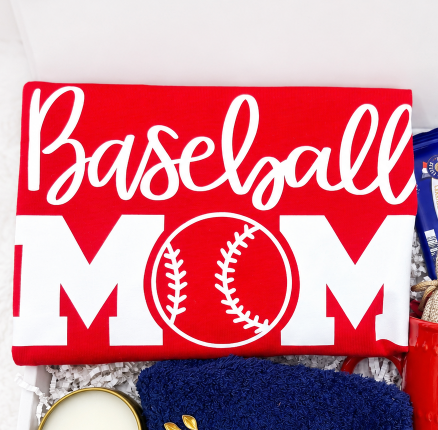 Complete Baseball Mom Gift Box Set Includes Red Shirt Design Coffee Mug Collection Burlap Bag Accessories Gold Spoon Detail Fuzzy Socks Comfort Package Perfect Game Day Essential Team Spirit Display Ultimate Appreciation Present Sports Fan