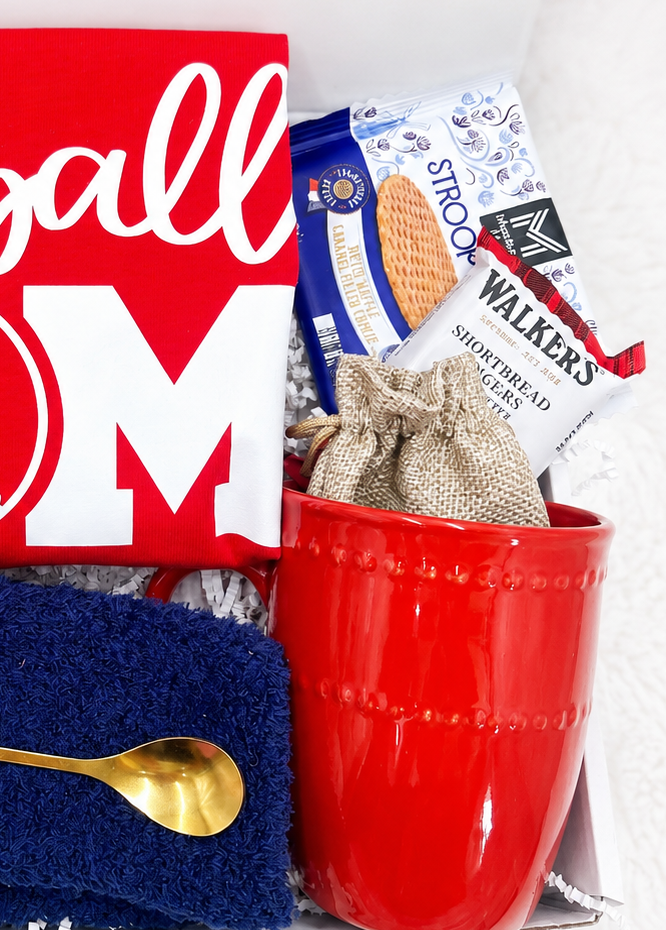 Baseball Mom Care Package Complete Gift Set Bundle Red Shirt Design Matching Coffee Mug Collection Fuzzy Socks Comfort Burlap Bag Accessories Gold Spoon Detail Perfect Team Spirit Gift Game Day Essential Sports Fan Appreciation Mother