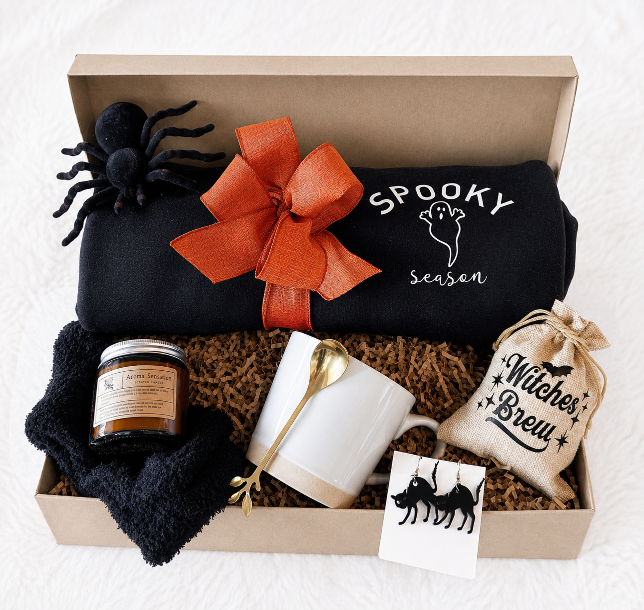 Complete Halloween Gift Basket Women Spooky Season Collection Includes Sweatshirt Socks Candle Mug Spoon Tea Bag Handmade Black Cat Earrings Perfect October Birthday Present Fall Autumn Care Package Ready To Gift Box Curated Set Bundle Cozy