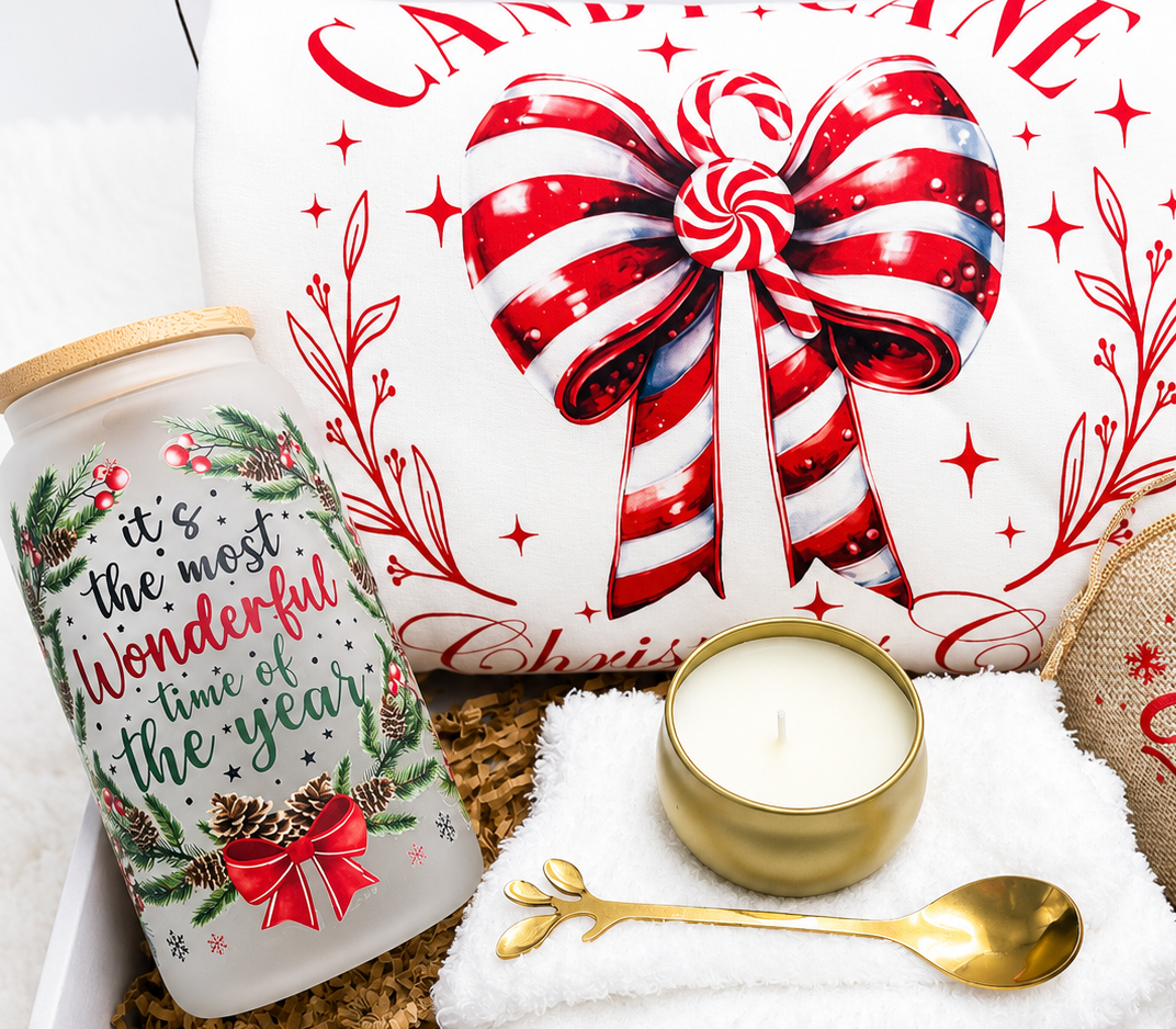 Cozy Christmas Bundle Gift Set Holiday Comfort Package Festive Sweatshirt Collection Warm Fuzzy Socks Hot Cocoa Mix Tumbler Candle Gold Spoon Complete Winter Gift Box Women Perfect Holiday Present Candy Cane Theme Seasonal Celebration
