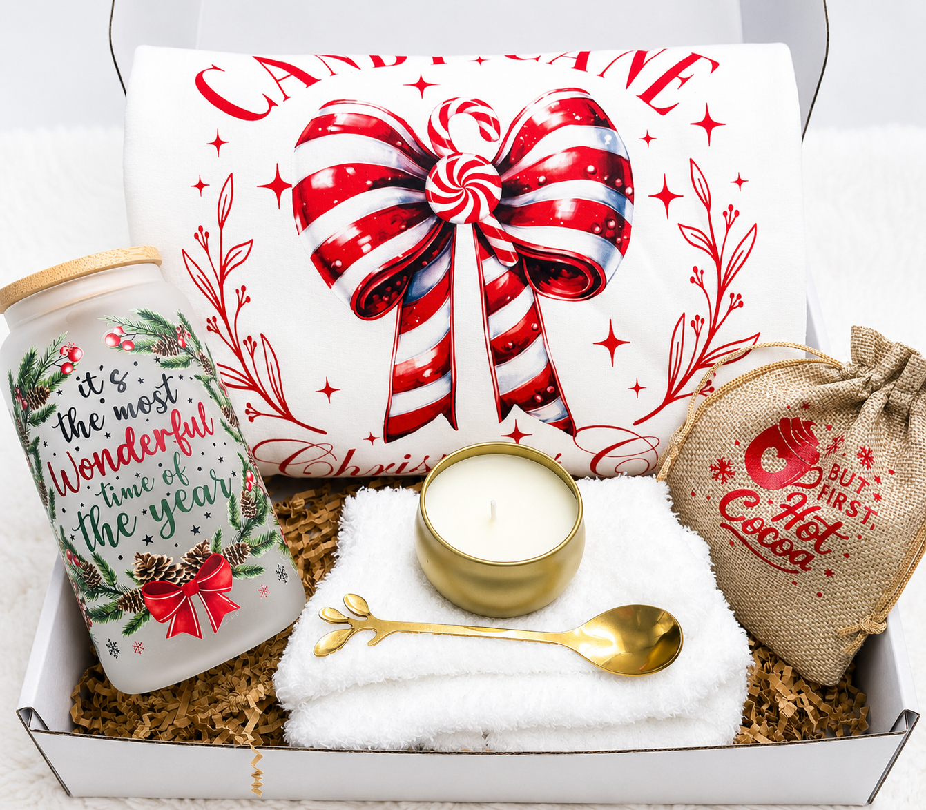 Christmas Gift Box Bundle Complete Holiday Present Set Cozy Sweatshirt Collection Hot Cocoa Mix Package Fuzzy Socks Tumbler Candle Gold Spoon Included Candy Cane Theme Perfect Women Gift Winter Comfort Essential Festive Season Celebration