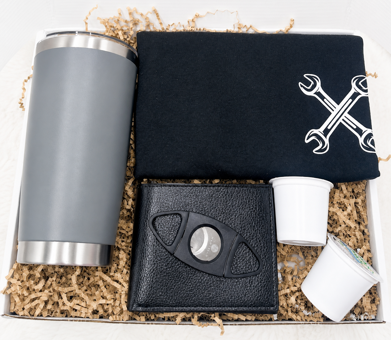 Mens Gift Box Collection Complete Set Blue Collar Essentials Working Man Gift Bundle Premium Coffee Blend Grey Insulated Tumbler Wrench Design Tshirt Cigar Cutter Tool Perfect Birthday Present Fathers Day Gift Masculine Essentials Daily Use