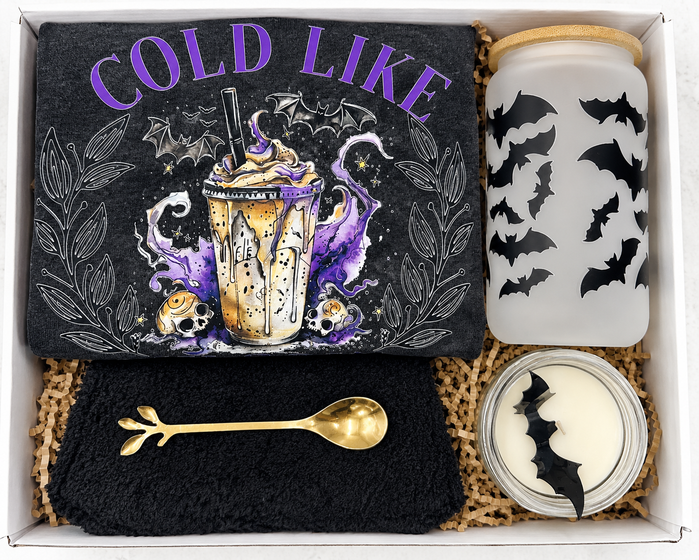 Halloween Gift Box Coffee Lover Care Package Spooky Season Bundle Includes Bat Tumbler Sixteen Ounce Candle Comfort Colors Shirt Fuzzy Socks Gold Spoon Perfect Present Coffee Lovers Cozy Lounging Essentials Seasonal Celebration Self Care