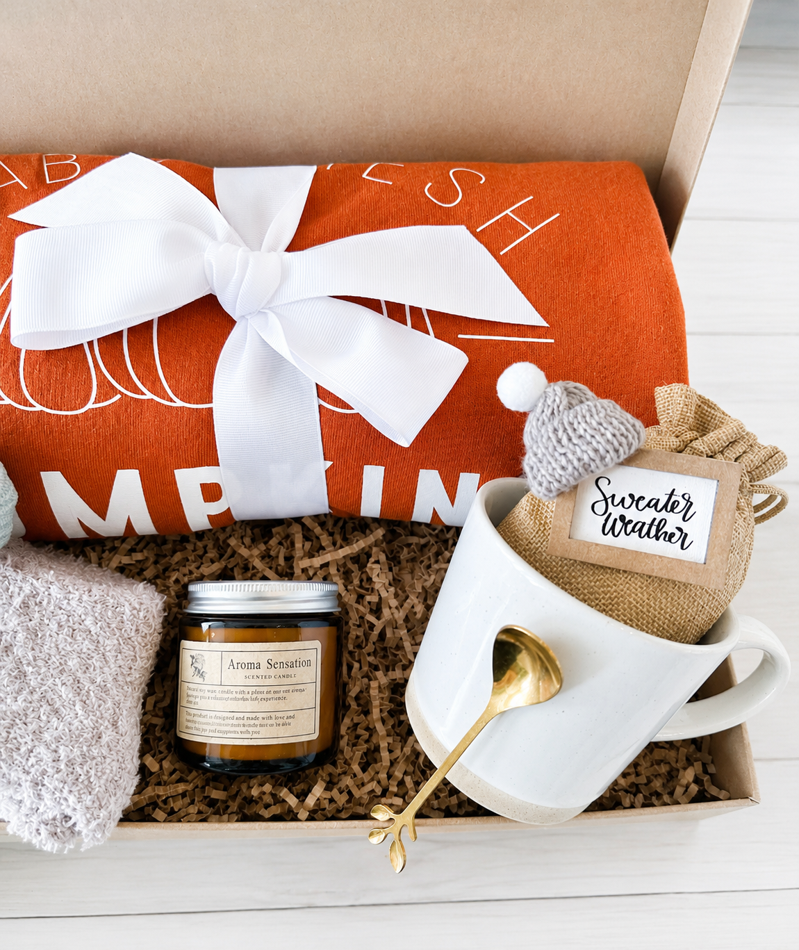 Thanksgiving Gift Basket Fall Care Package Complete Autumn Collection Cozy Gift Set Handmade Farm Fresh Pumpkins Sweatshirt Clay Mug Gold Spoon Candle Fuzzy Socks Sweater Weather Sign Bow Wrapped Ready To Ship Perfect Fall Birthday Gift
