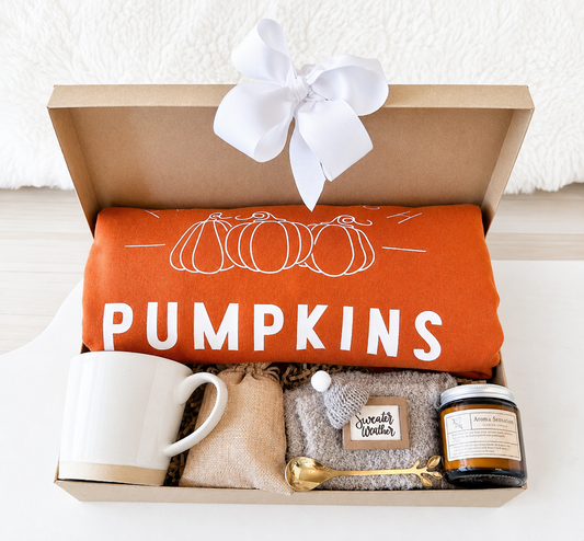 Fall Gift Basket Complete Autumn Care Package Cozy Seasonal Collection Handmade Farm Fresh Pumpkins Sweatshirt Clay Mug Gold Spoon Candle Fuzzy Socks Sweater Weather Sign Perfect Thanksgiving Gift Birthday Present Ready To Ship Bow Wrapped