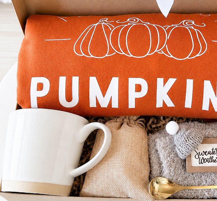 Cozy Autumn Care Package Fall Gift Collection Complete Basket Set Handmade Sweatshirt Design Farm Fresh Pumpkins Theme Clay Mug Gold Spoon Included Candle Fuzzy Socks Bundle Sweater Weather Sign Perfect Fall Gift For Her Thanksgiving