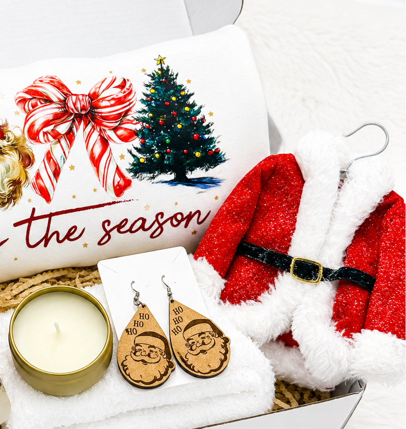 Christmas Gift Box Women Holiday Set Complete Package 6 Piece Collection Cozy Sweatshirt Tumbler Candle Warm Fuzzy Socks Santa Earrings Ornament Festive Season Bundle Perfect Present For Her Winter Holiday Celebration Thoughtful Surprise