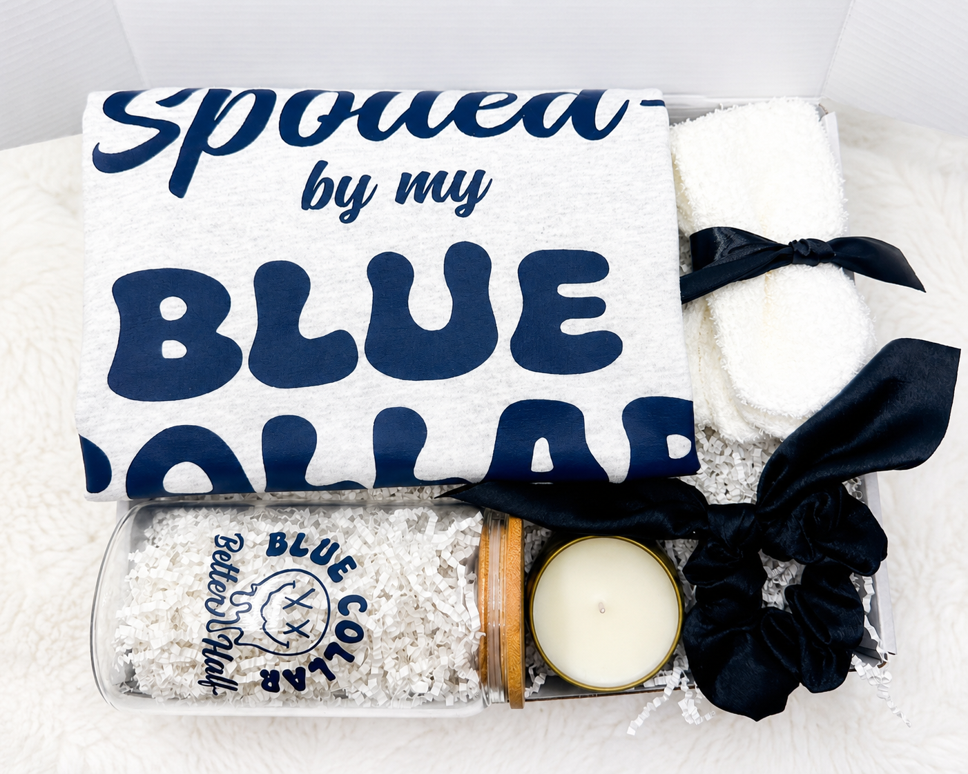 Blue Collar Wife Gift Box Bundle Thoughtful Appreciation Present Set Spoiled By My Blue Collar Man Shirt Tumbler Collection Better Half Design Cozy Pampering Package Romantic Gesture Gift Tradesman Wife Present Supportive Partner