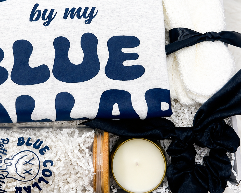 Tradesman Girlfriend Present Bundle Blue Collar Wife Gift Box Set Appreciation Collection Package Spoiled By My Blue Collar Man Shirt Tumbler Design Better Half Gift Set Cozy Pampering Bundle Romantic Present Collection Supportive Partner