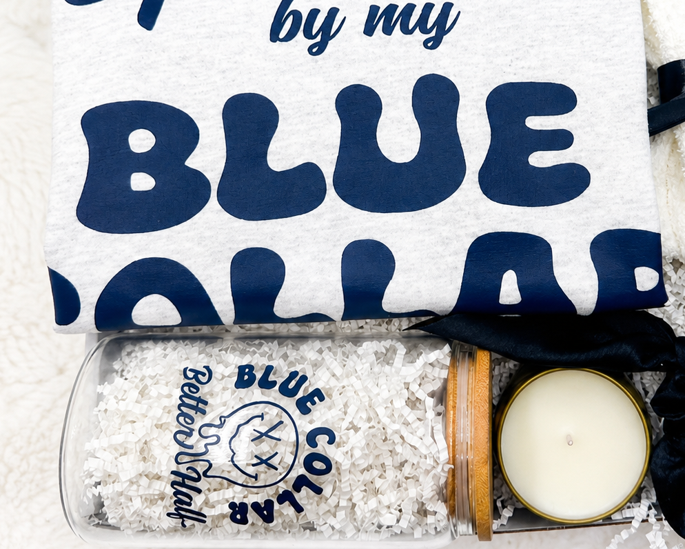Thoughtful Gift Box Bundle Blue Collar Wife Appreciation Set Cozy Pampering Present Package Spoiled By My Blue Collar Man Shirt Collection Better Half Tumbler Design Romantic Gesture Gift Set Tradesman Girlfriend Present Bundle Supportive