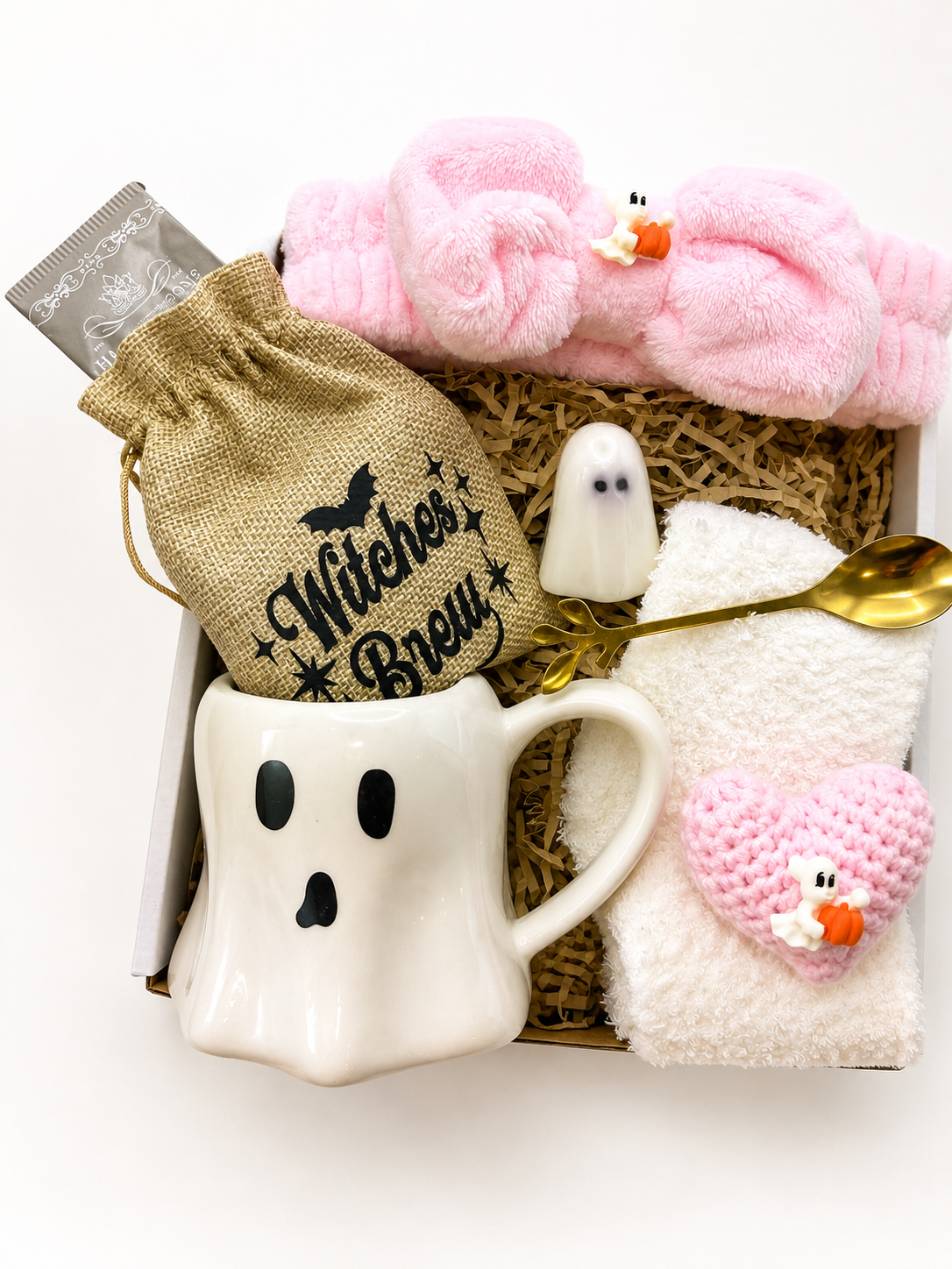 Halloween Gift Basket for Women – Pink Ghost Gift Box with Mug, Tea, Socks & Self Care Gifts