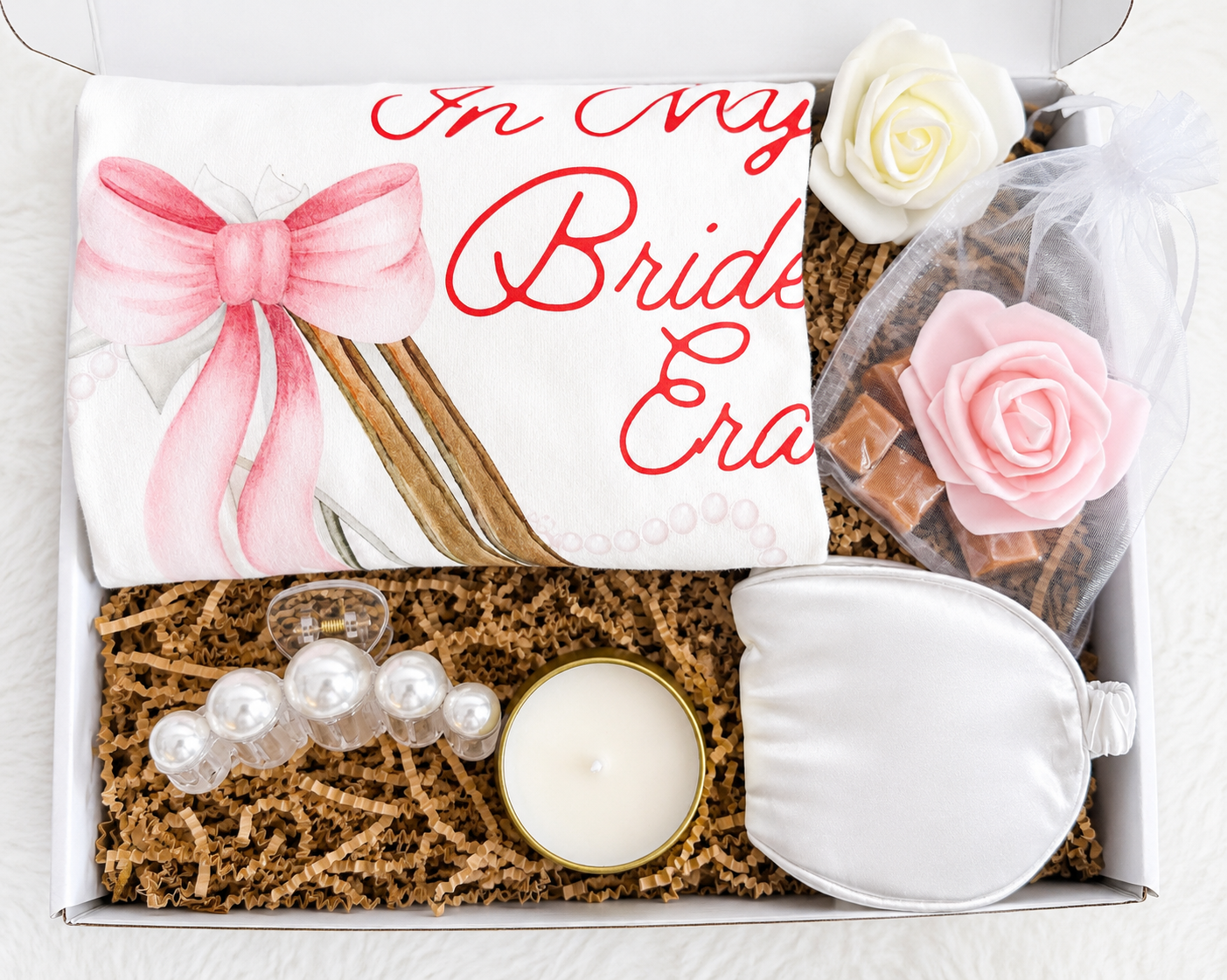Luxury Bride Gift Box Complete Pampering Set Includes Bride Era Tshirt Pearl Hair Clip Eye Mask Relaxation Scented Candles Faux Flowers Sweet Caramels Perfect Bridal Shower Present Wedding Preparation Kit Bachelorette Party Favor Engagement