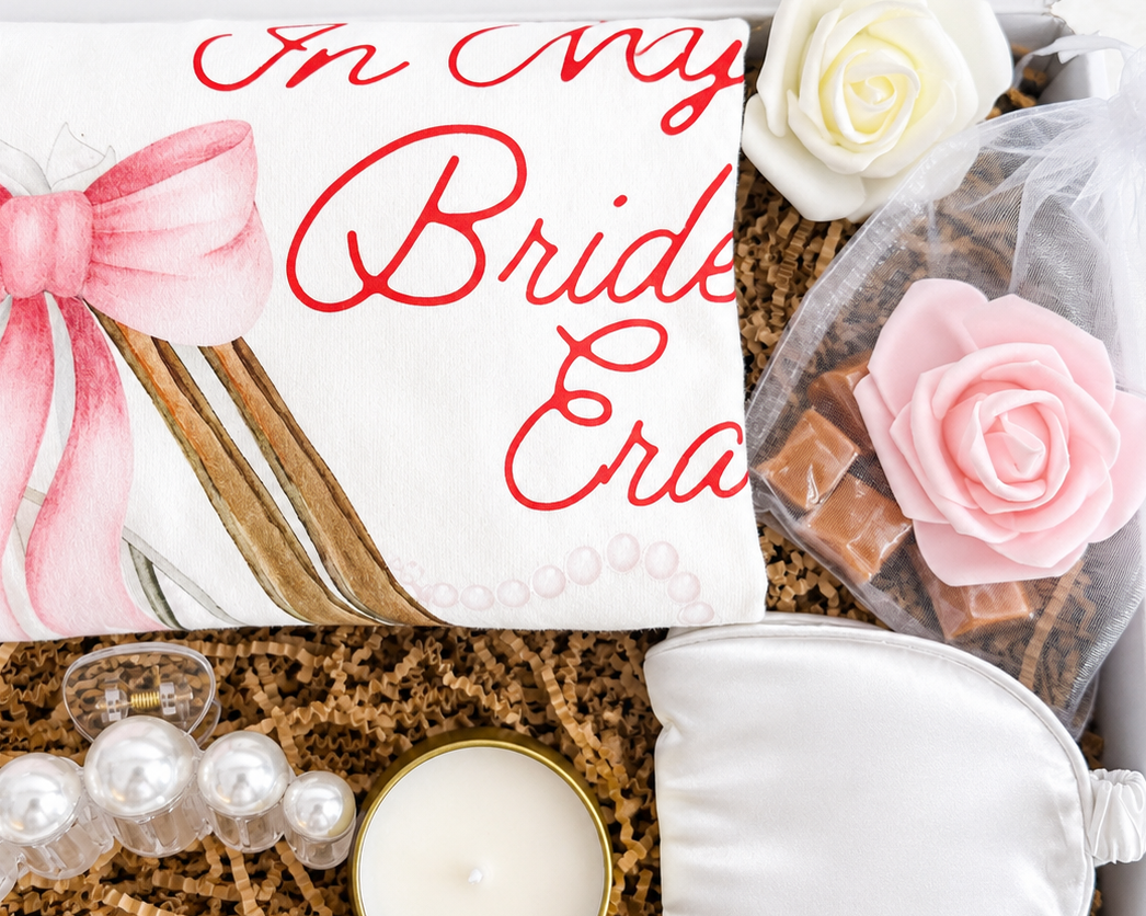 Bridal Shower Gift Box Premium Bride Era Collection Pampering Set Wedding Preparation Kit Includes Themed Tshirt Stylish Pearl Clip Luxury Eye Mask Scented Candles Decorative Faux Flowers Delicious Caramels Perfect Bachelorette Party