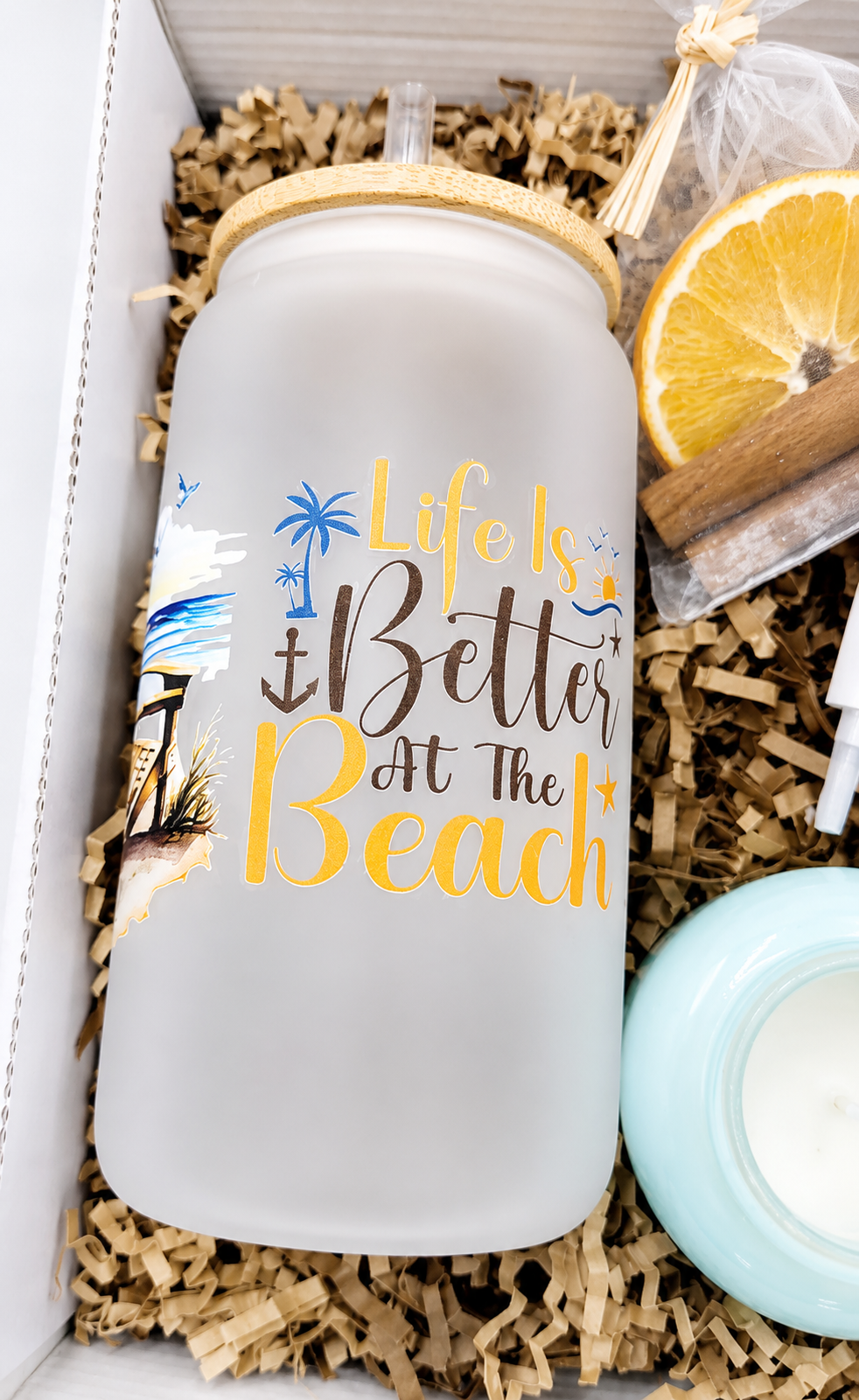 Coastal Relaxation Gift Set Beach Lover Collection Complete Ocean Themed Bundle Frosted Tumbler Cold Drink Essential Mini Beach Chair Portable Seating Scented Candle Cozy Atmosphere Simmer Pot Aromatherapy Fuzzy Socks Warmth Comfort Hair