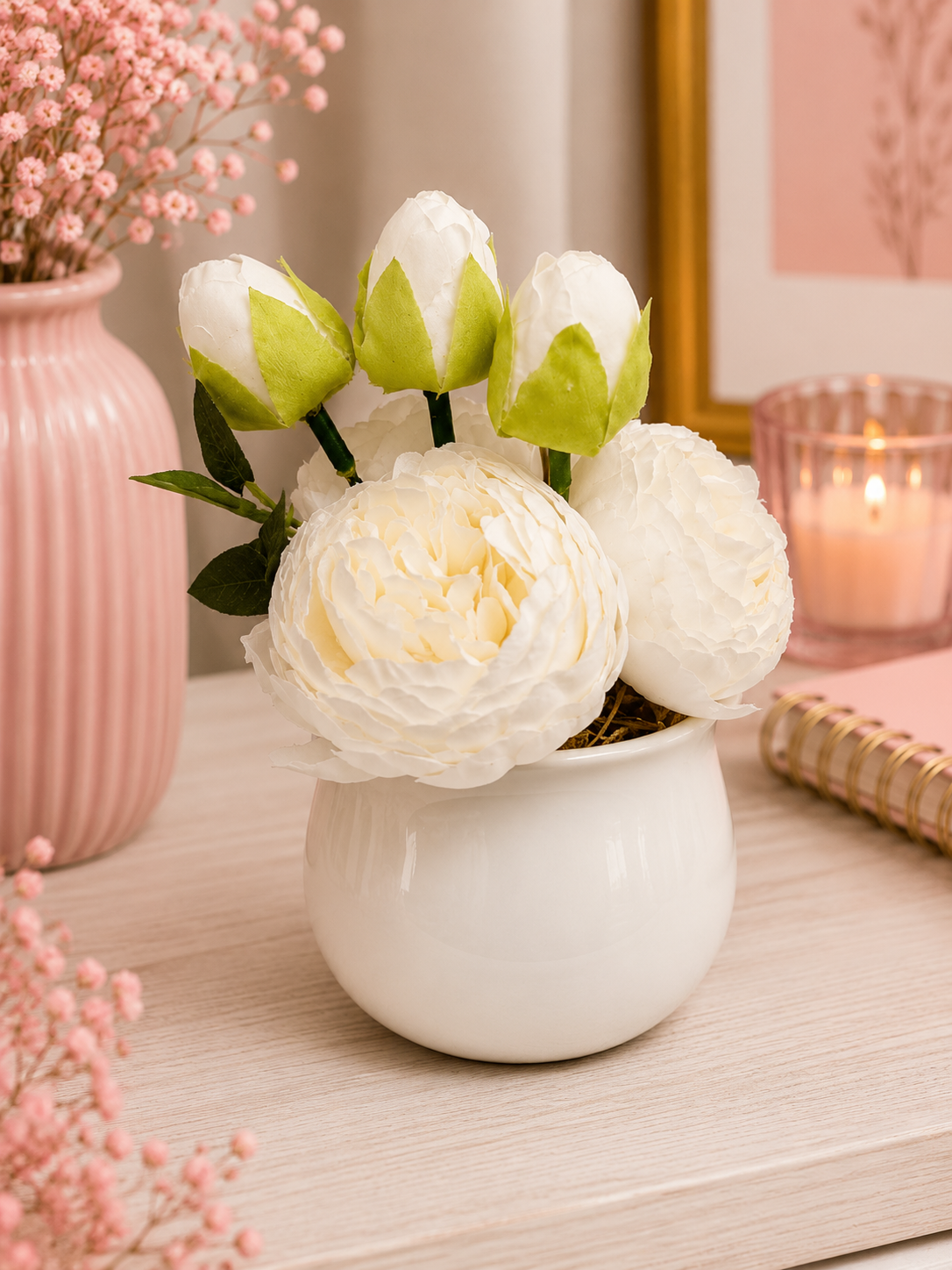 Mini Peony Flower Arrangement in White Pot