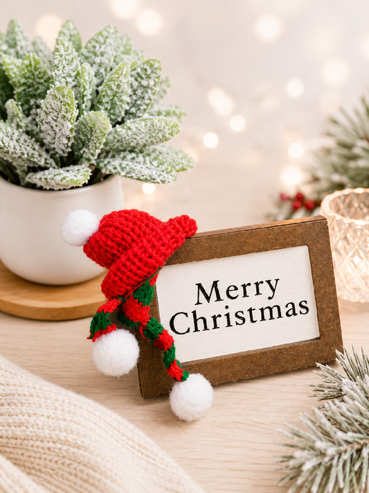 "Merry Christmas" Mini Wood Sign with Pompom Beanie